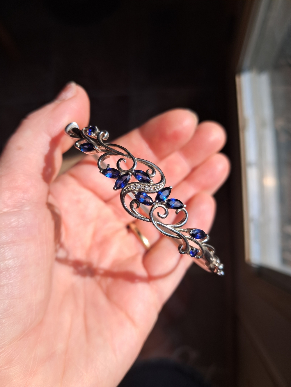 Vintage PAJ 925 Sterling Silver Blue Sapphire Filigree Bangle Bracelet 7.25"